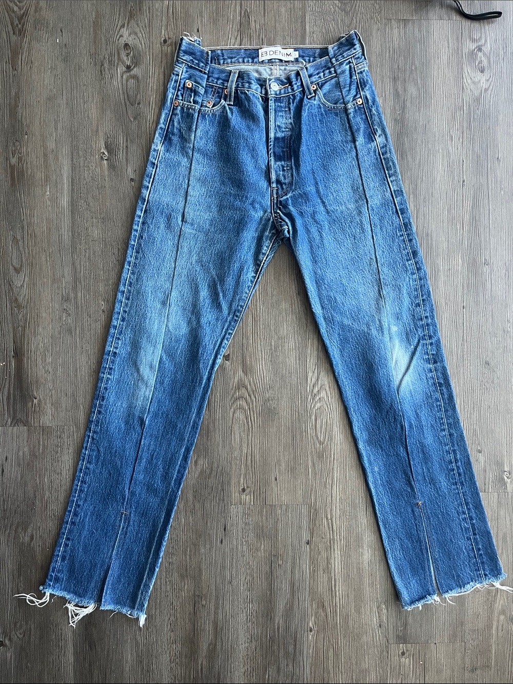 EB Denim Straight Jeans in Mid Blue with Raw Hem